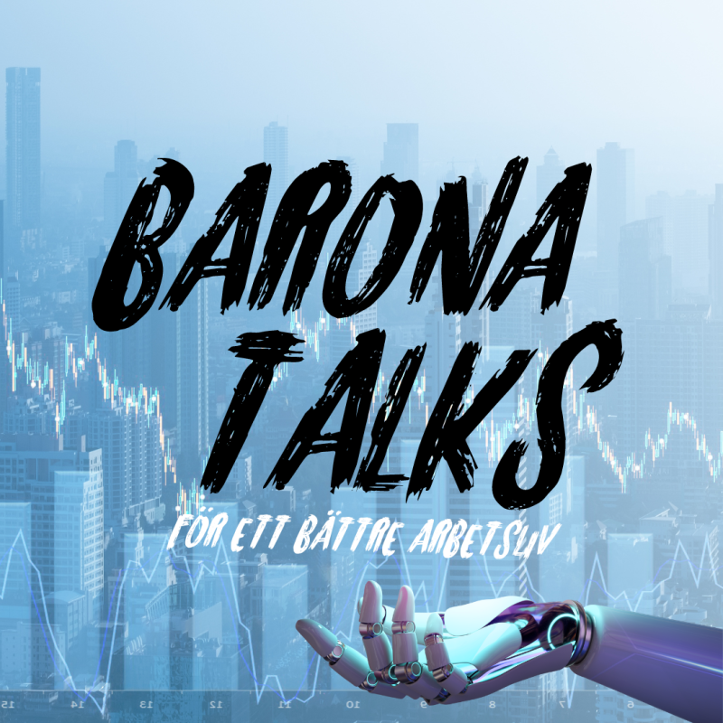 Dekorativ bild av en robothand med texten "Barona Talks" överst.