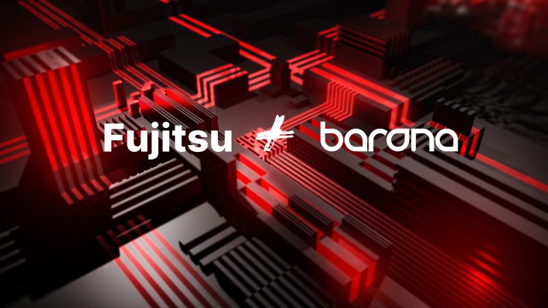Dekorativ bild av en grafisk representation med Fujitsu och Barona-logotyper och röda kretskort.