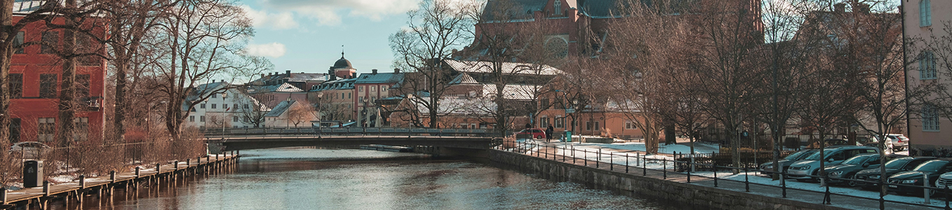 Dekorativ bild av Uppsala stad med Uppsala domkyrka och en bro i fokus.